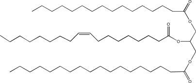 Molécule de triglycéride : ester de glycérol des acides palmitique, oléique et stéarique (POS).